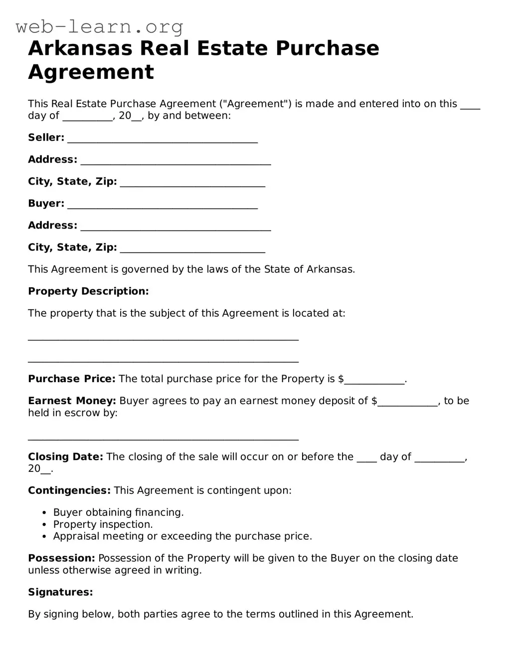 Attorney-Approved Real Estate Purchase Agreement Document for the State of Arkansas