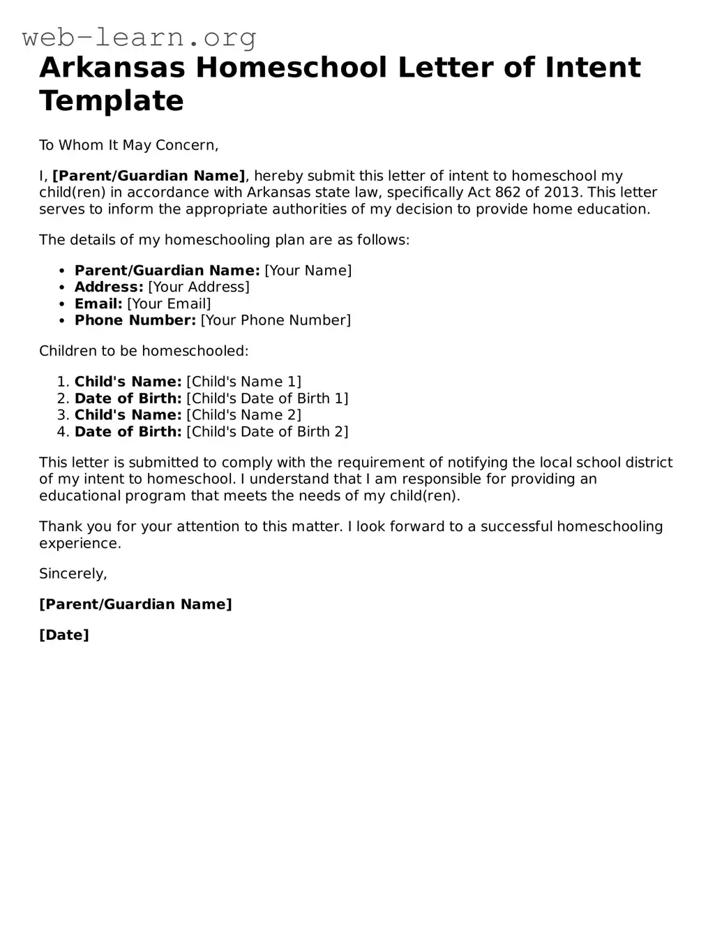 Attorney-Approved Homeschool Letter of Intent Document for the State of Arkansas
