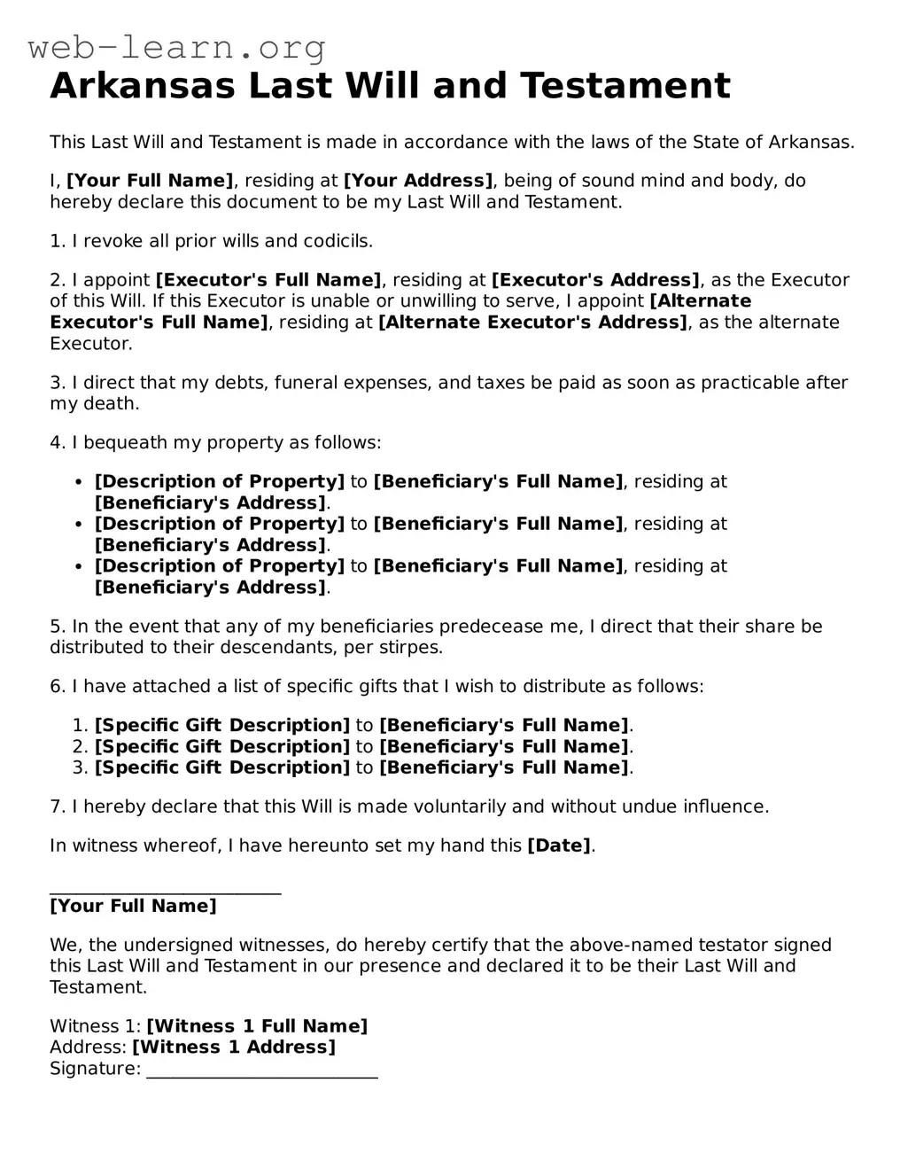 Attorney-Approved Last Will and Testament Document for the State of Arkansas