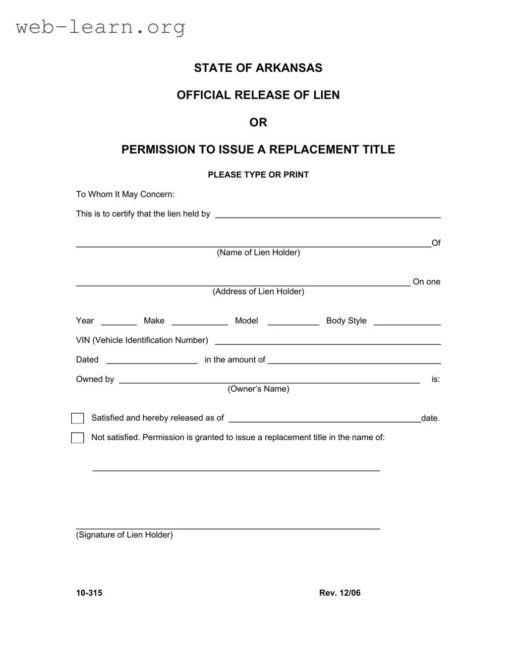Blank Arkansas 10 315 Form