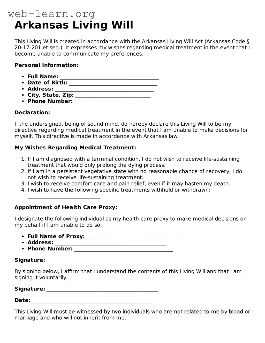 Attorney-Approved Living Will Document for the State of Arkansas