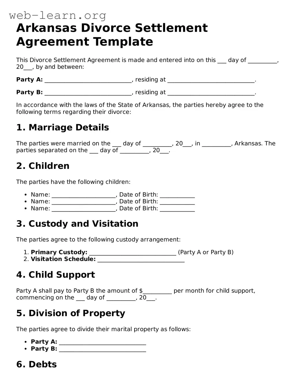 Attorney-Approved Divorce Settlement Agreement Document for the State of Arkansas