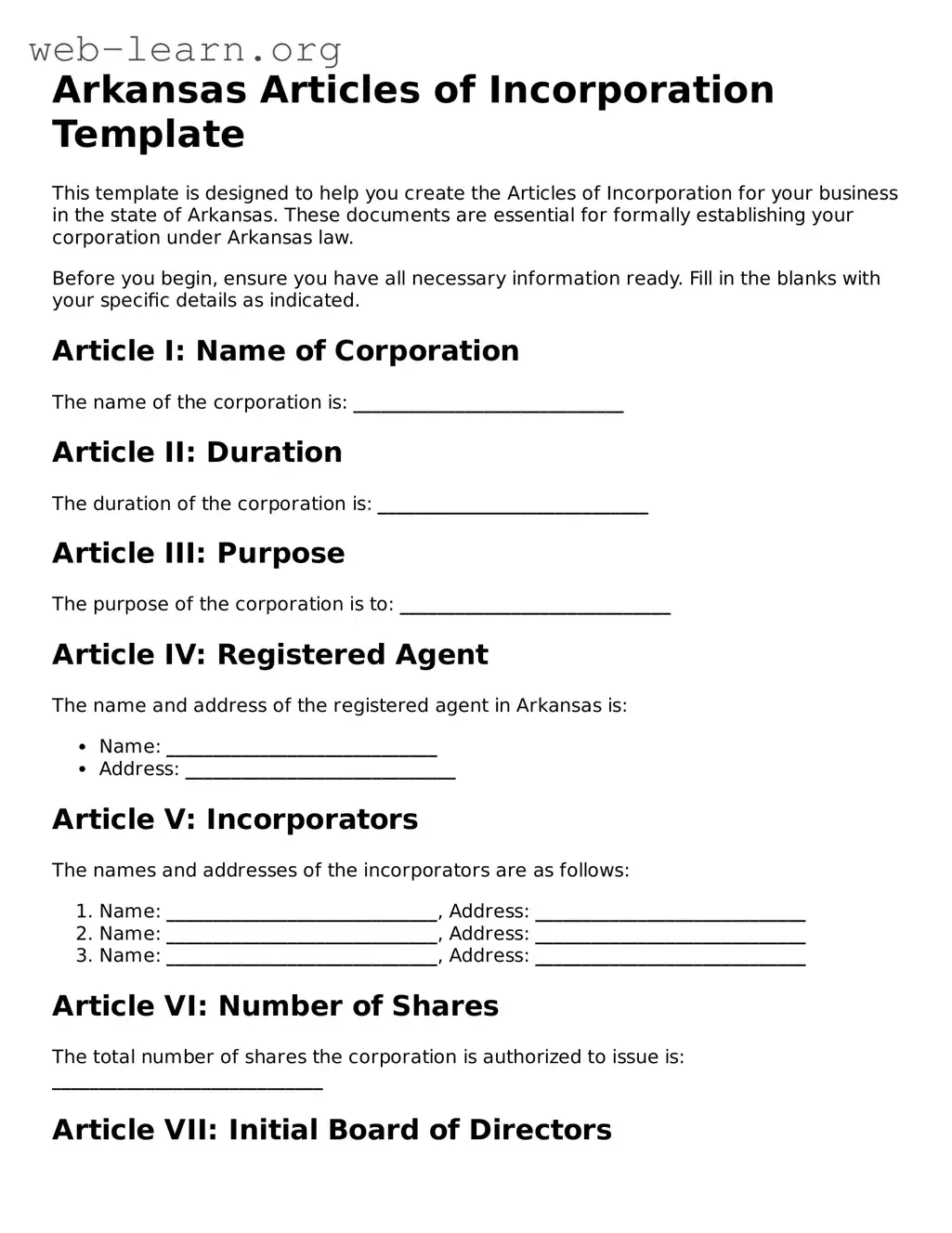 Attorney-Approved Articles of Incorporation Document for the State of Arkansas