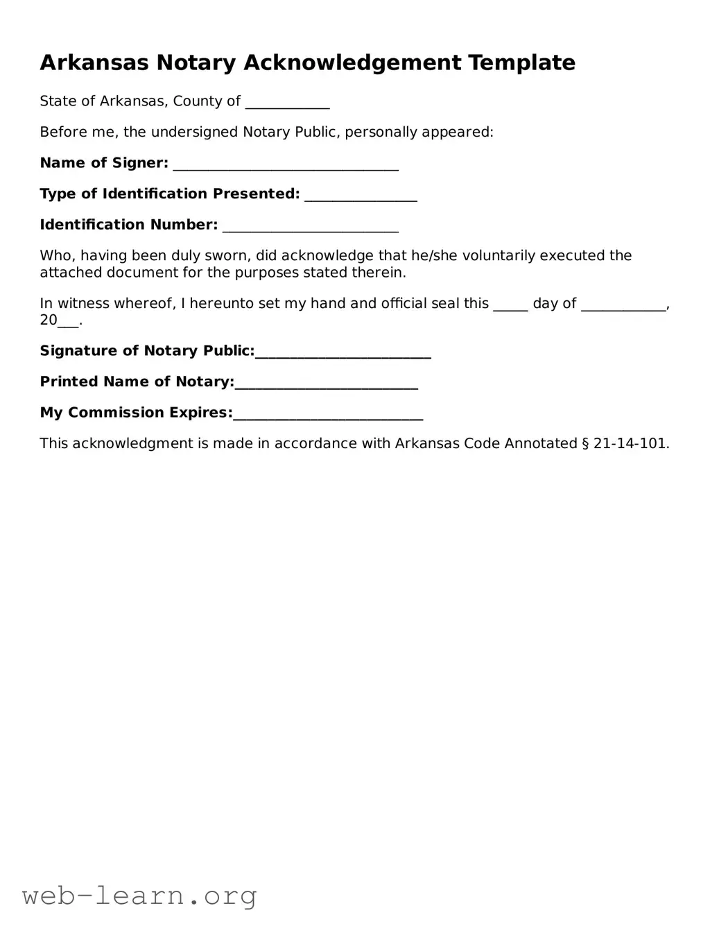 Attorney-Approved Notary Acknowledgement Document for the State of Arkansas