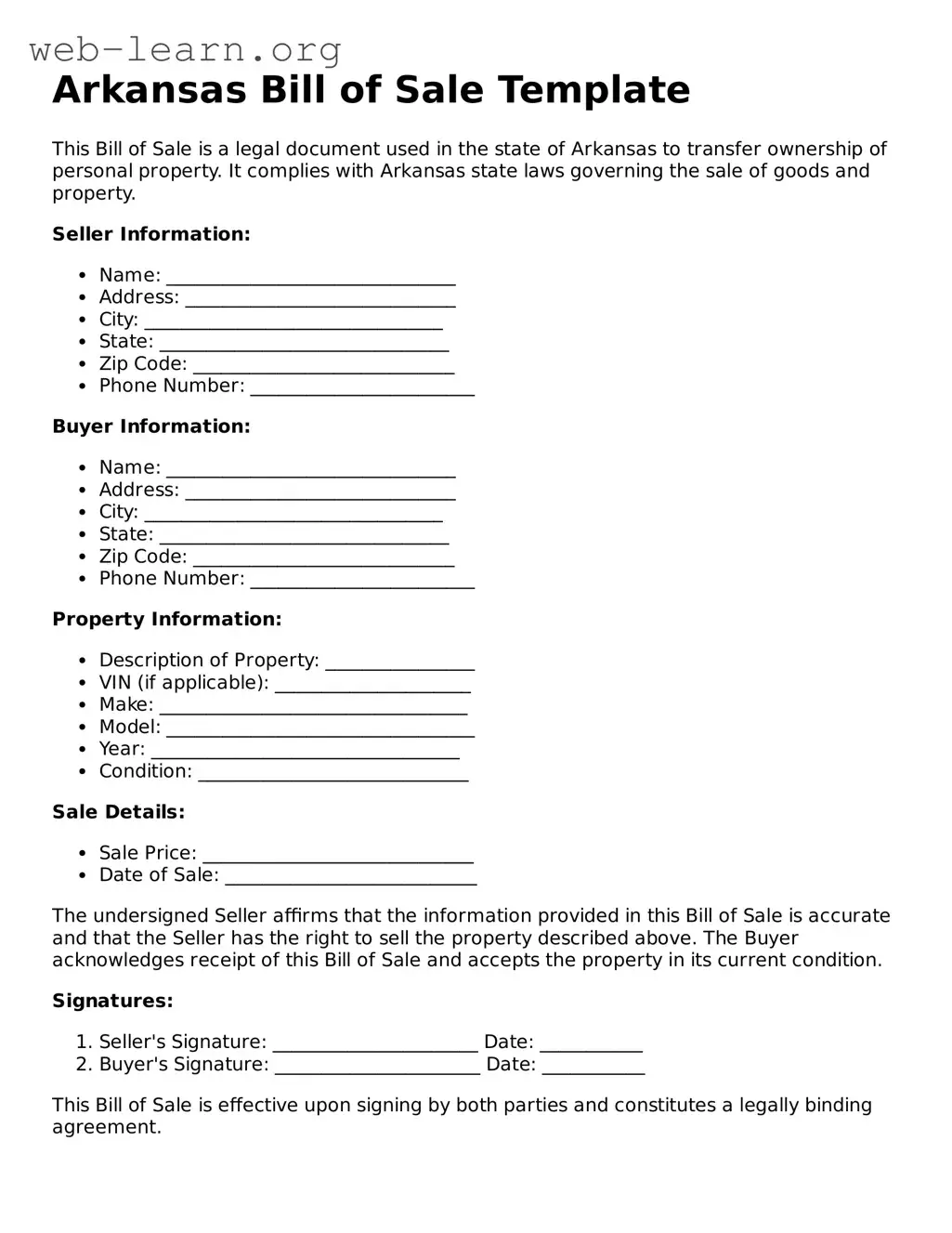 Attorney-Approved Bill of Sale Document for the State of Arkansas