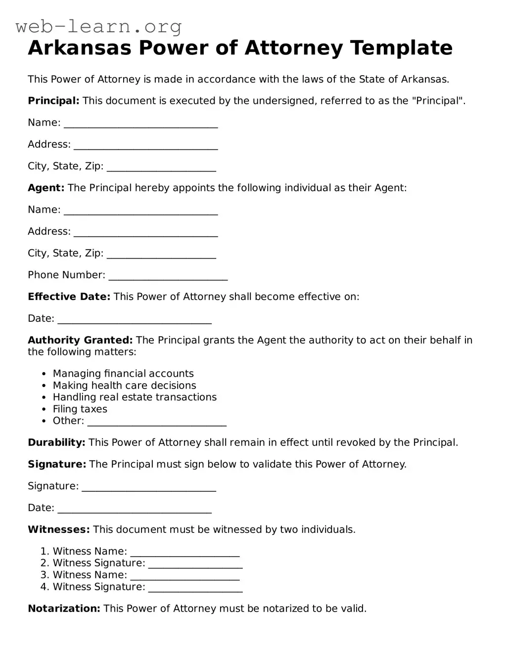 Attorney-Approved Power of Attorney Document for the State of Arkansas