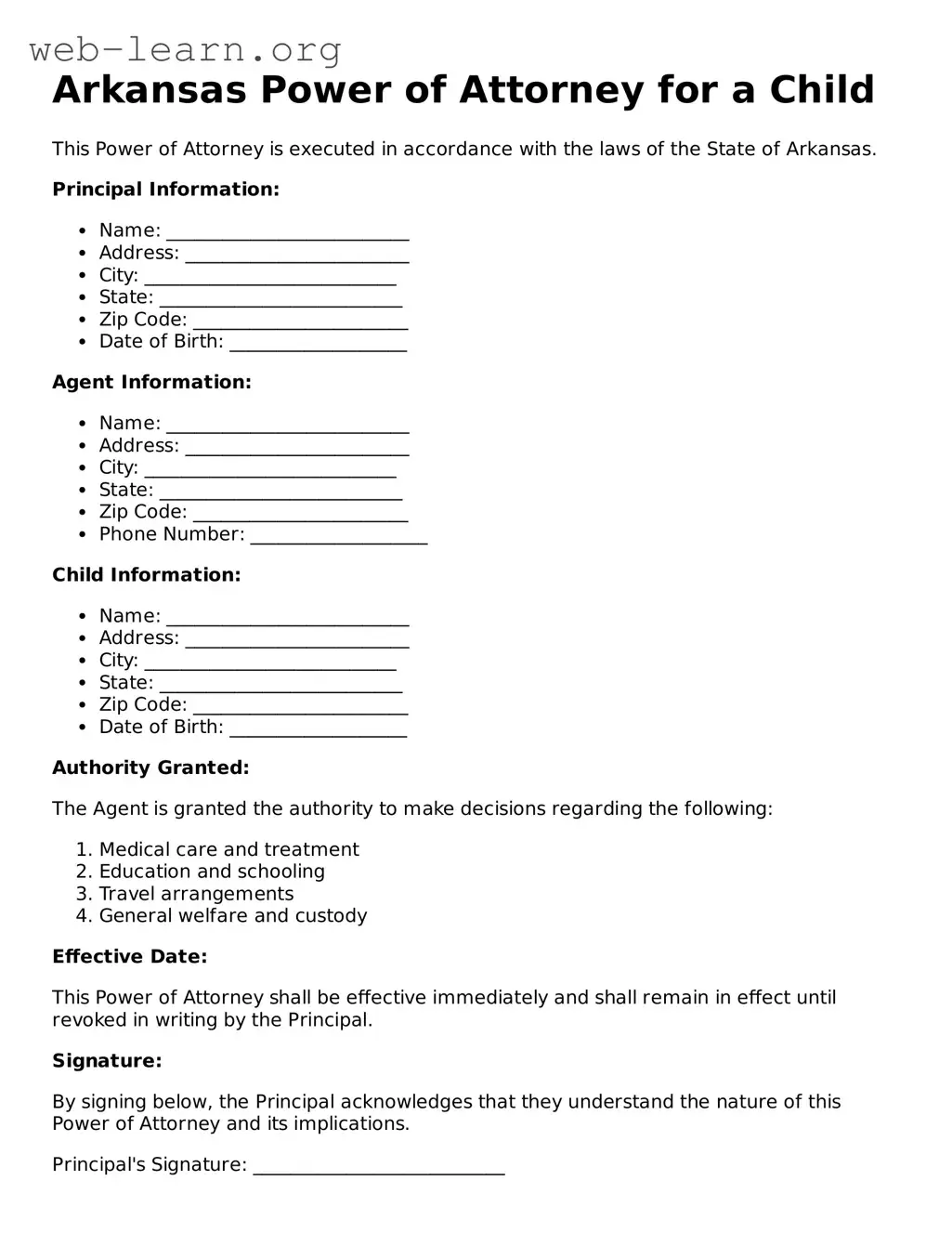 Attorney-Approved Power of Attorney for a Child Document for the State of Arkansas