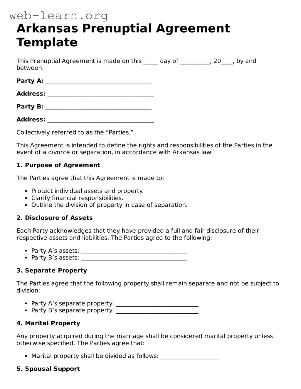 Attorney-Approved Prenuptial Agreement Document for the State of Arkansas