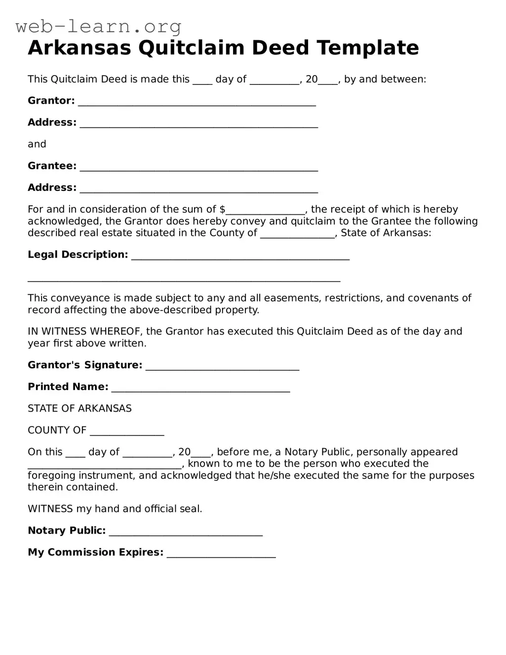 Attorney-Approved Quitclaim Deed Document for the State of Arkansas