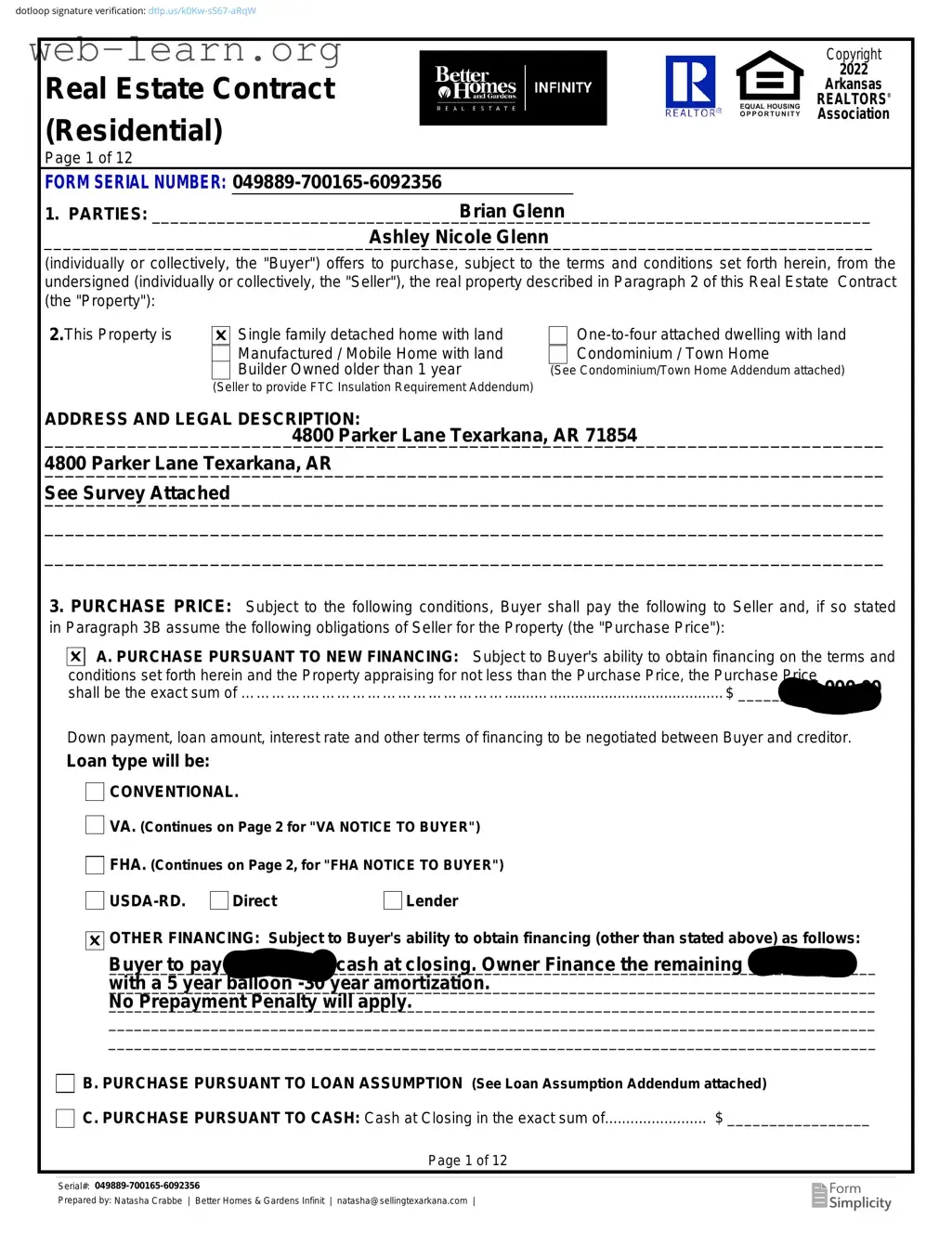 Blank Arkansas Real Estate Contract Residential Form