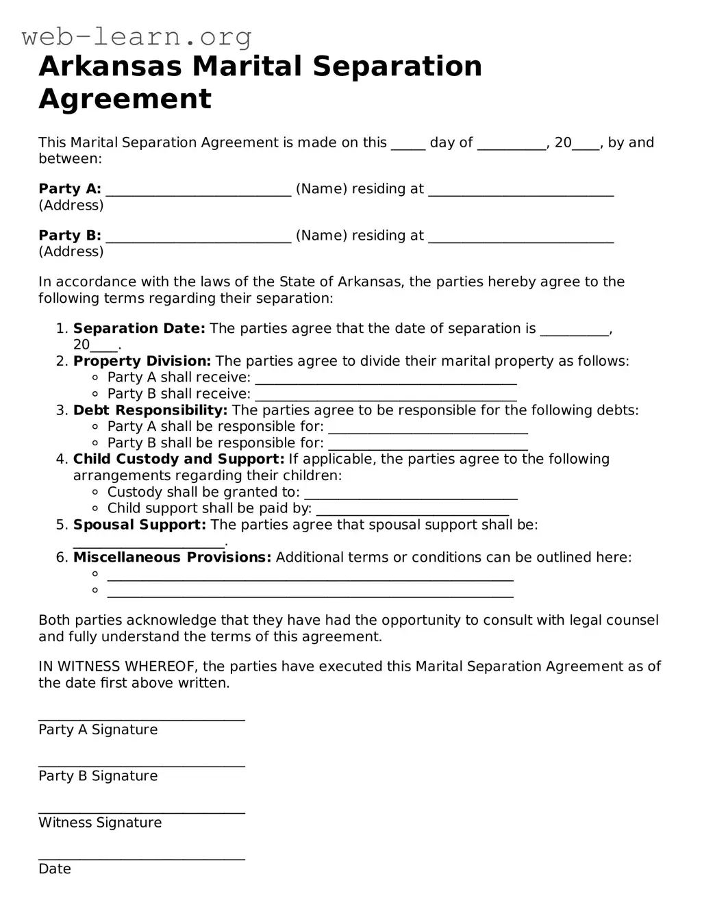 Attorney-Approved Marital Separation Agreement Document for the State of Arkansas