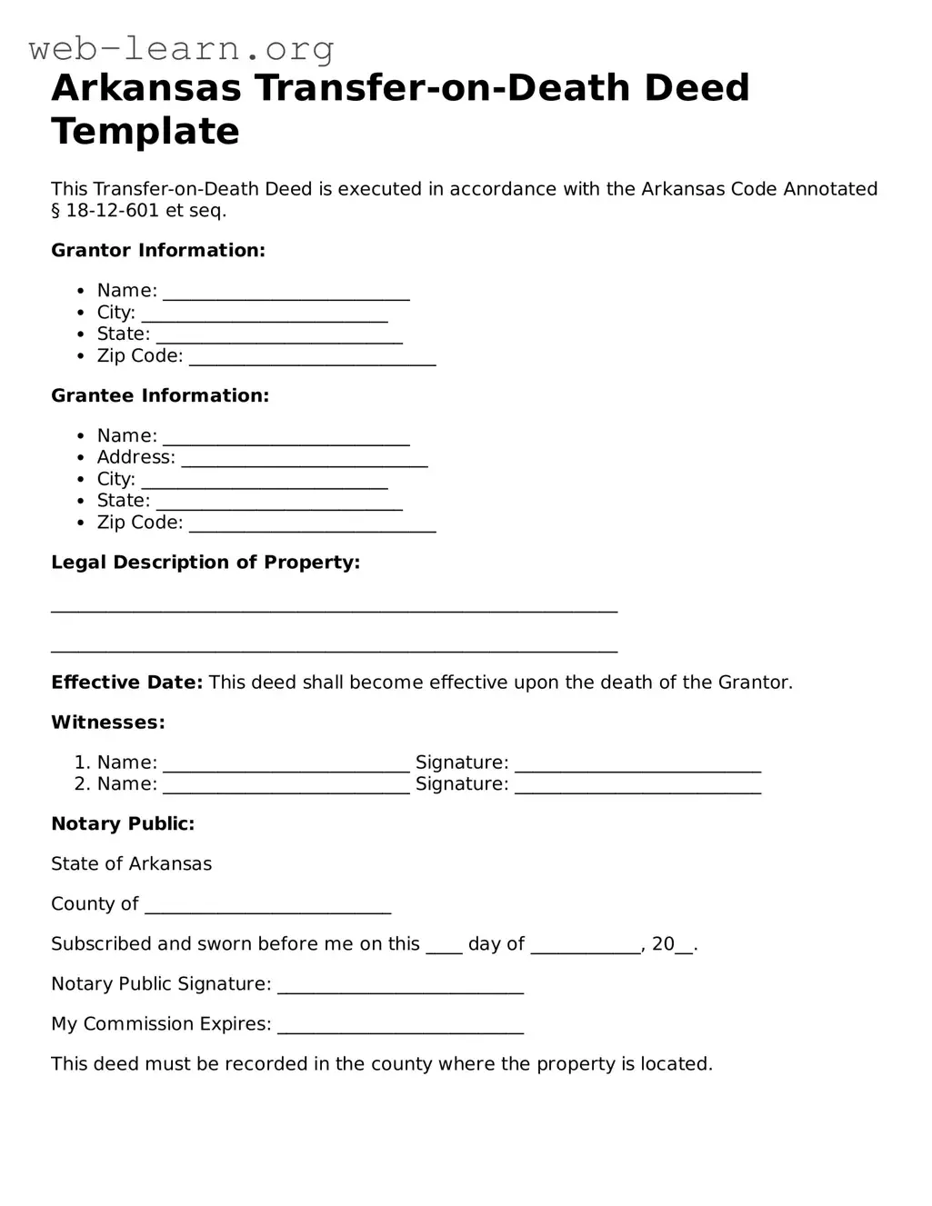 Attorney-Approved Transfer-on-Death Deed Document for the State of Arkansas