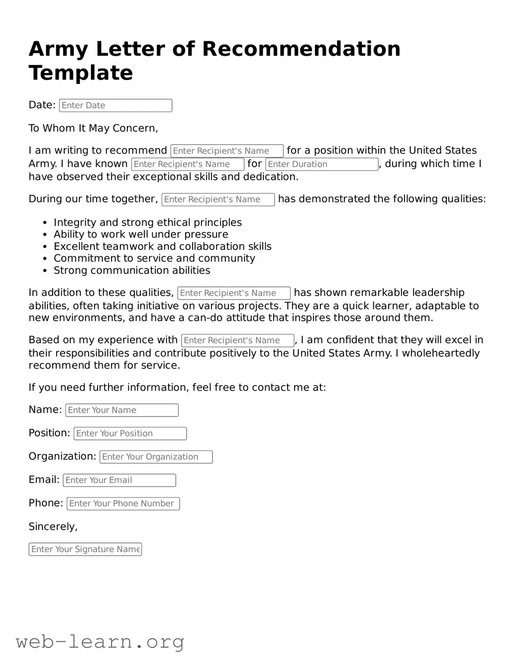 Attorney-Approved Army Letter of Recommendation Template