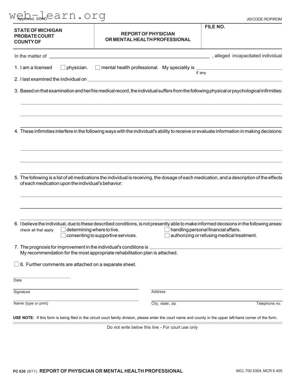 Blank Michigan Pc 630 Form