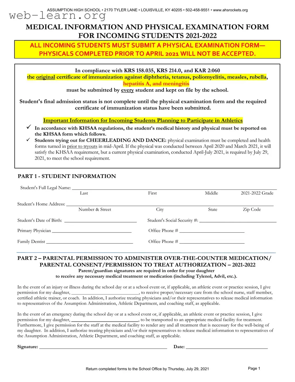 Blank Kentucky High School Sports Form