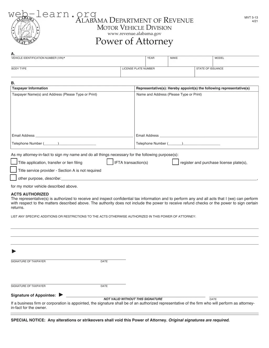Blank Alabama Vehicle POA MVT 5-13 (Rev 09-19) Form
