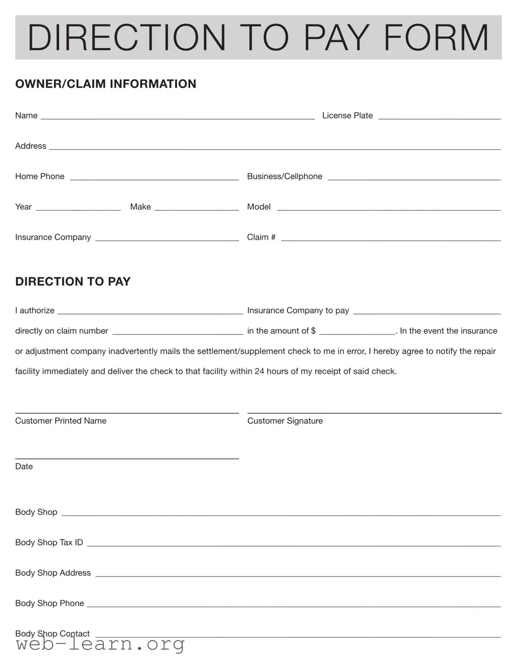 Blank Authorization And Direction Pay Form
