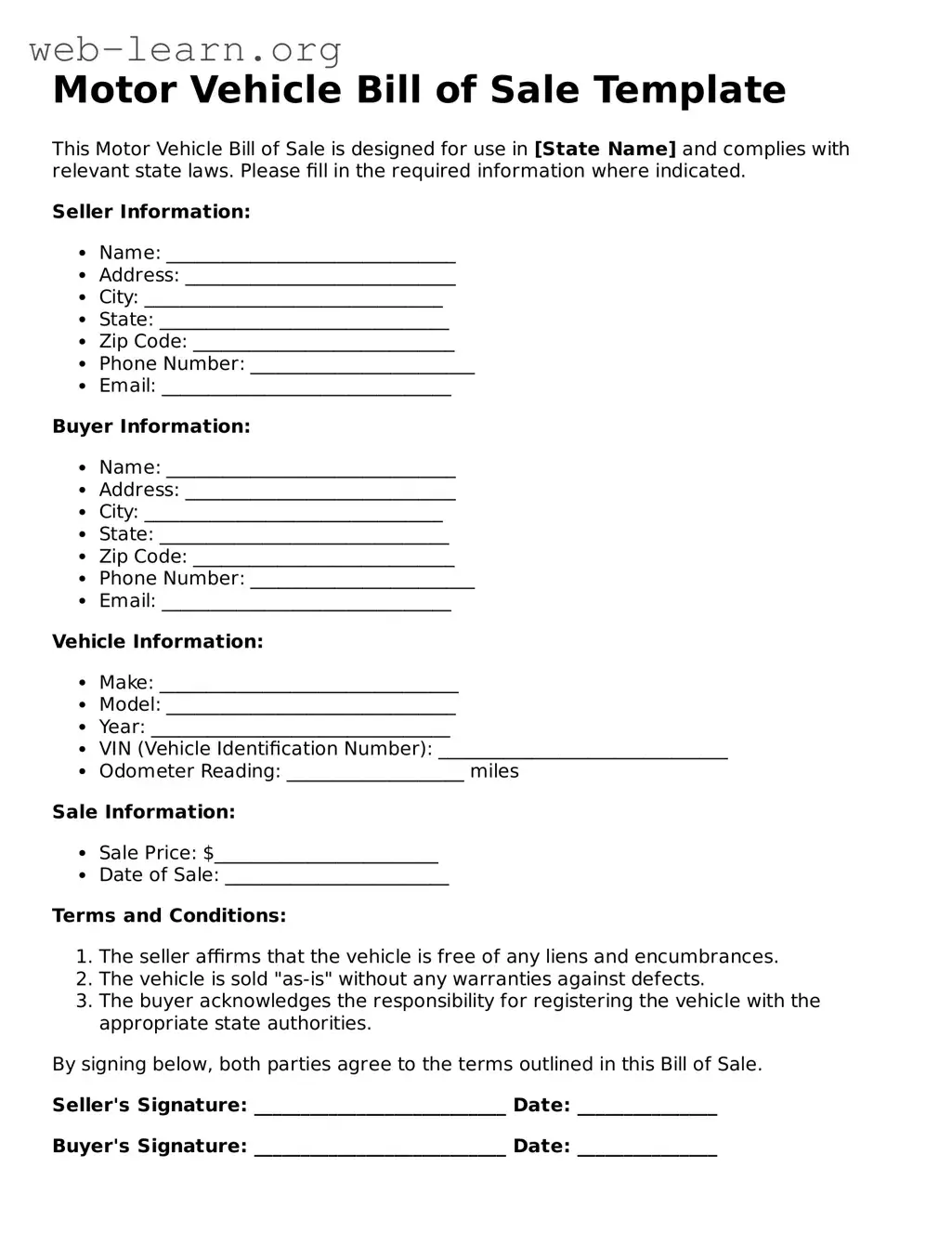 Attorney-Approved Motor Vehicle Bill of Sale Template