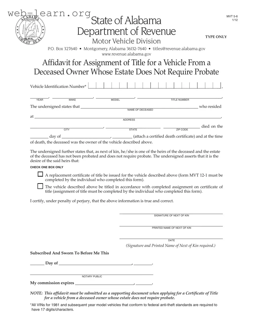 Blank Alabama Mvt 5 Form