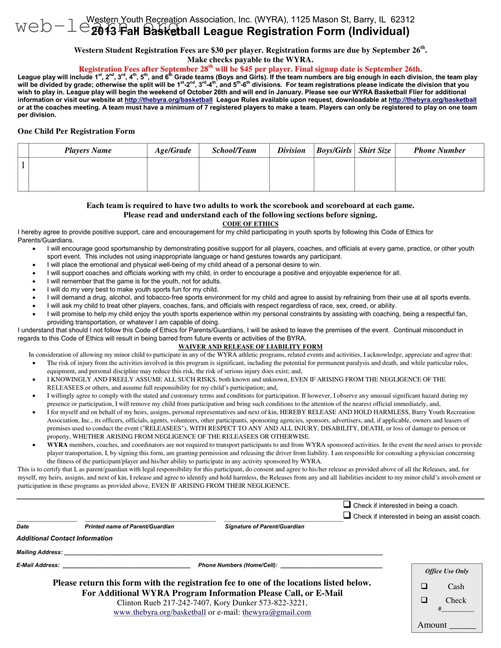 Blank Barry Illinois Basketball League Form
