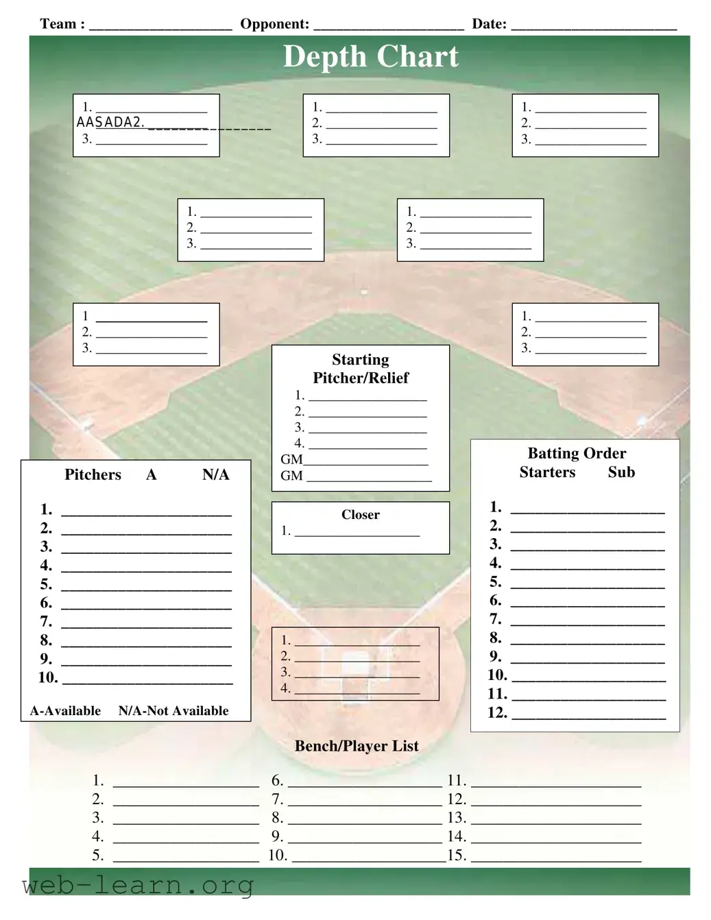 Blank Baseball Field Lineup Form