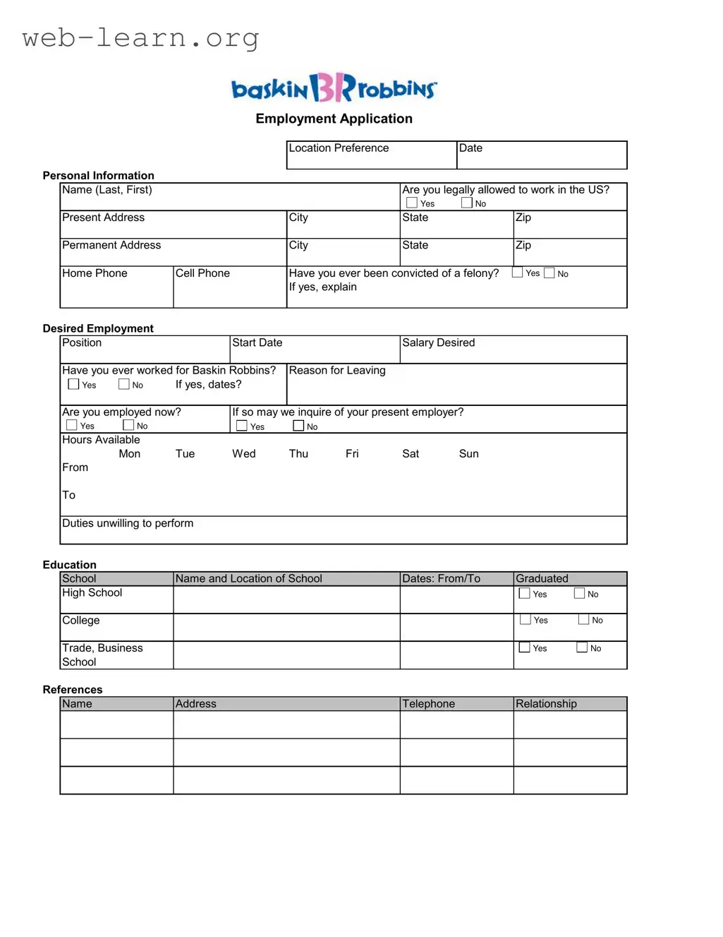 Blank Baskin Robbins Job Form
