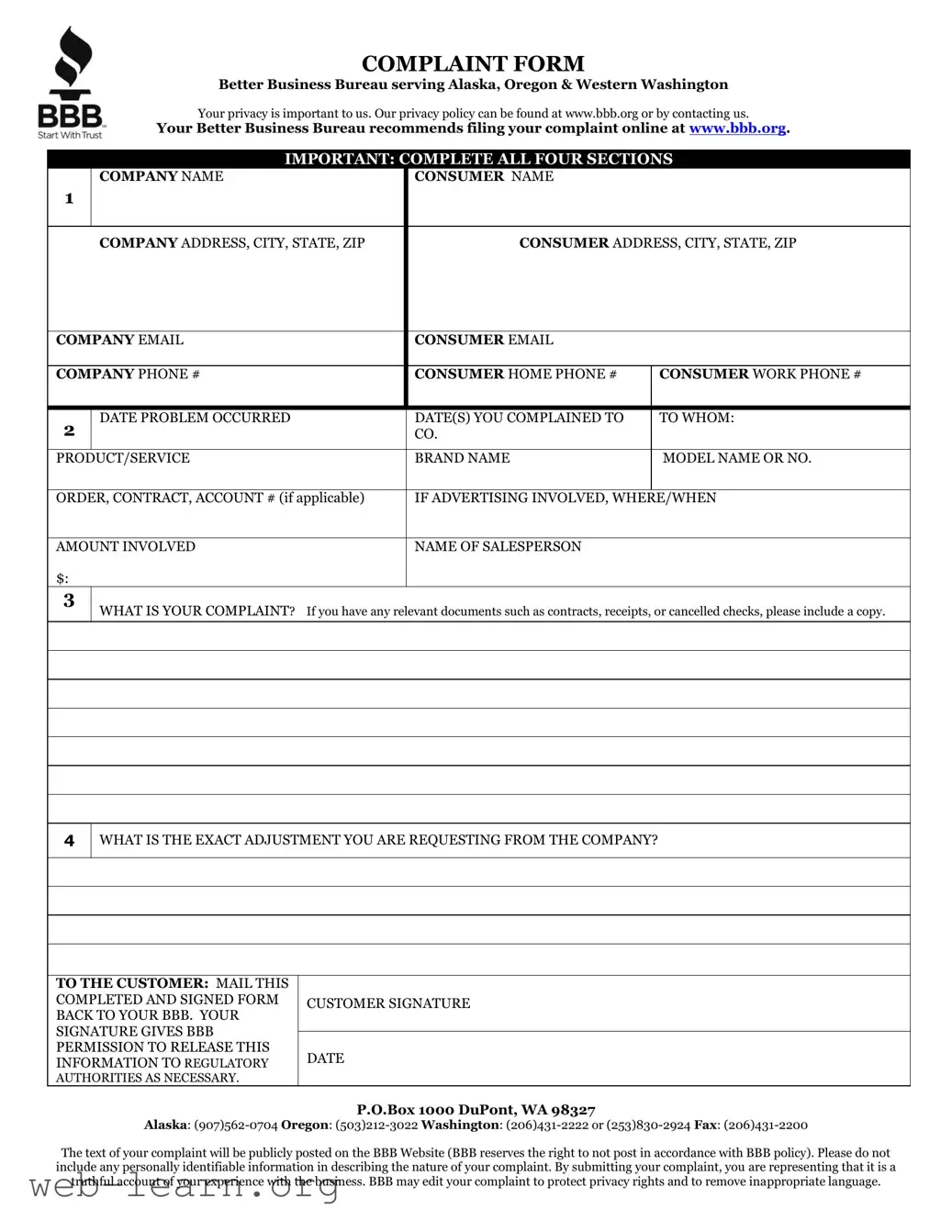 Blank Bbb Complaint Form