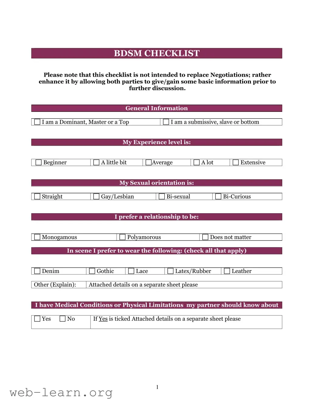 Blank Bdsm Checklist Form