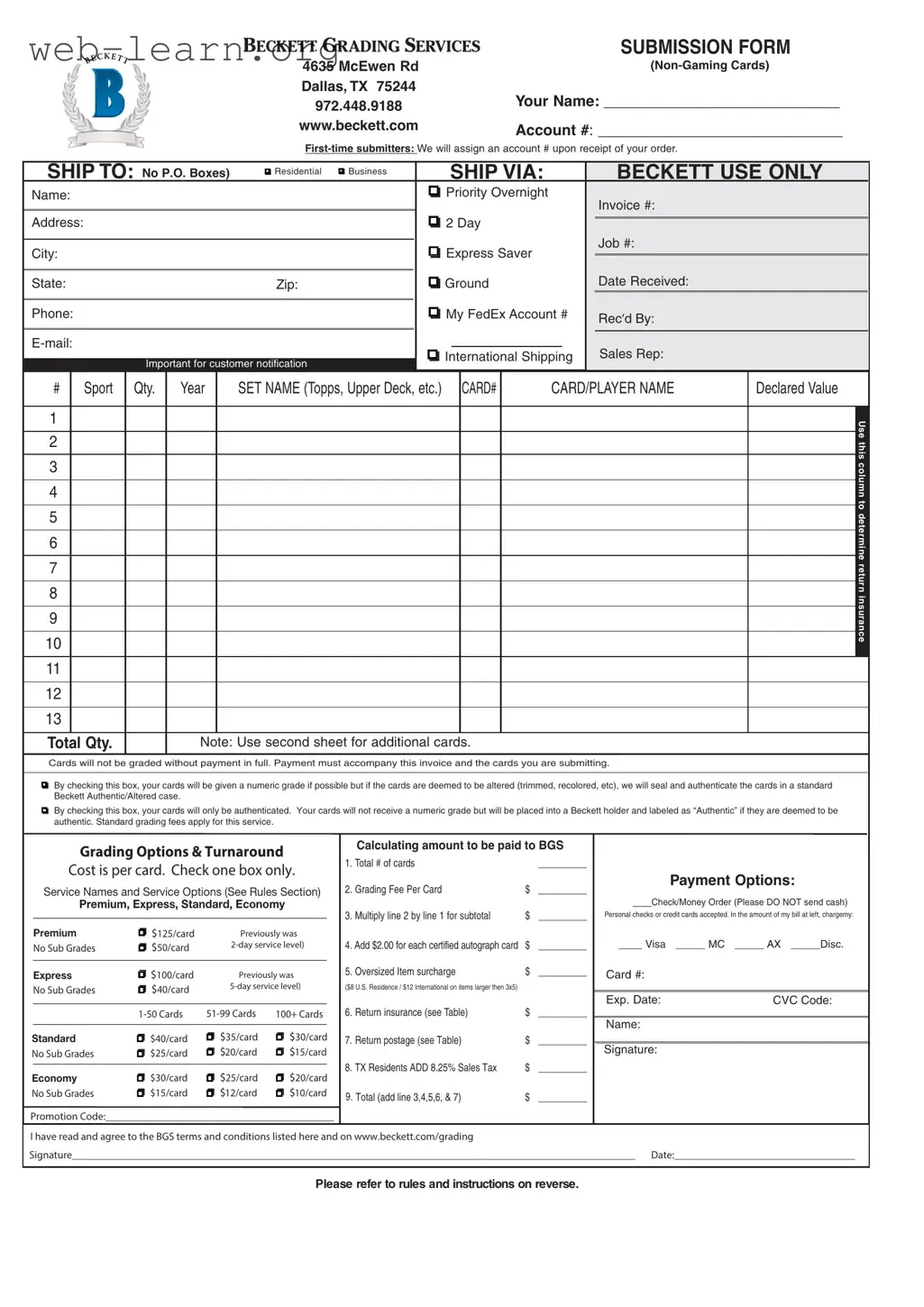 Blank Beckett Grading Form