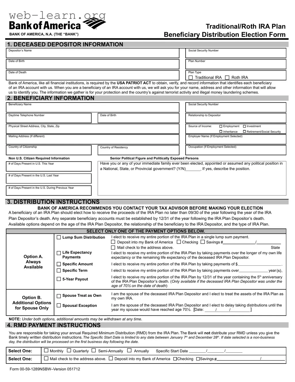 Blank Bank Of America Beneficiary Form
