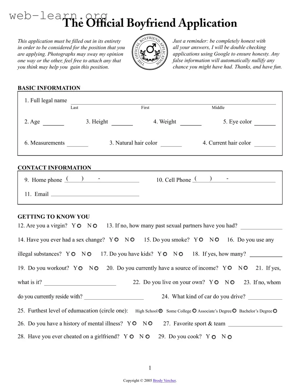 Blank Boyfriend application form Form