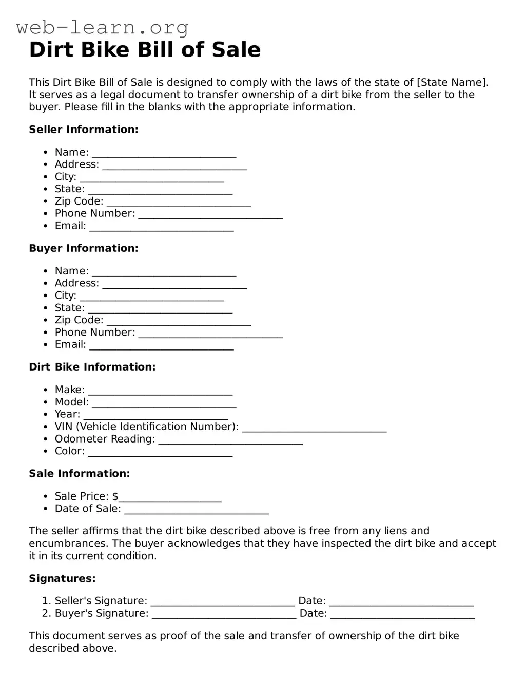 Attorney-Approved Dirt Bike Bill of Sale Template