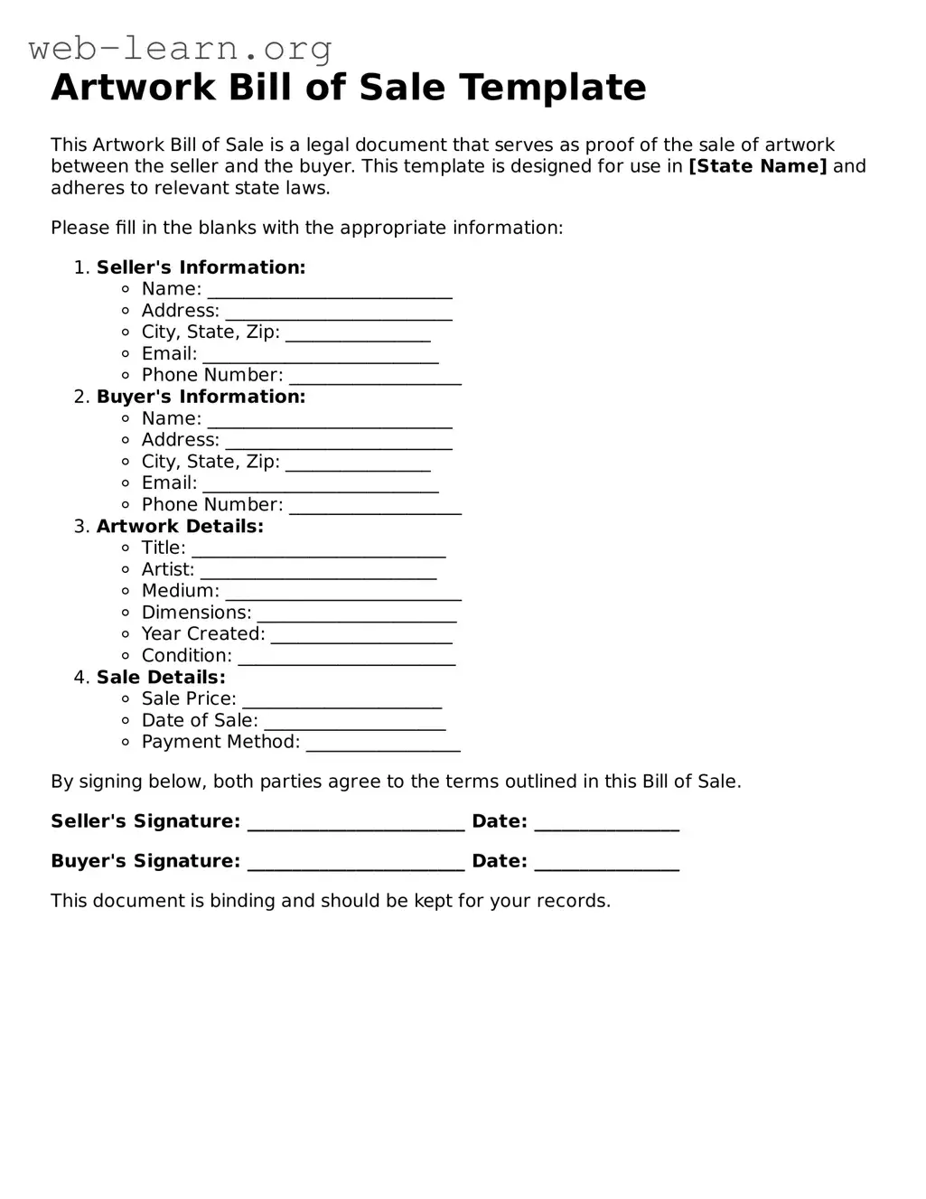 Attorney-Approved Artwork Bill of Sale Template