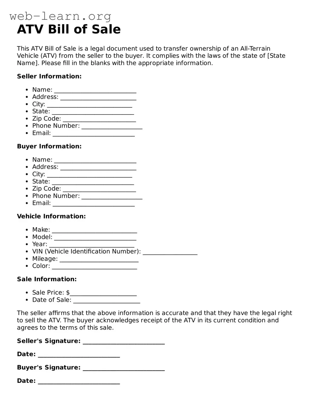 Attorney-Approved ATV Bill of Sale Template