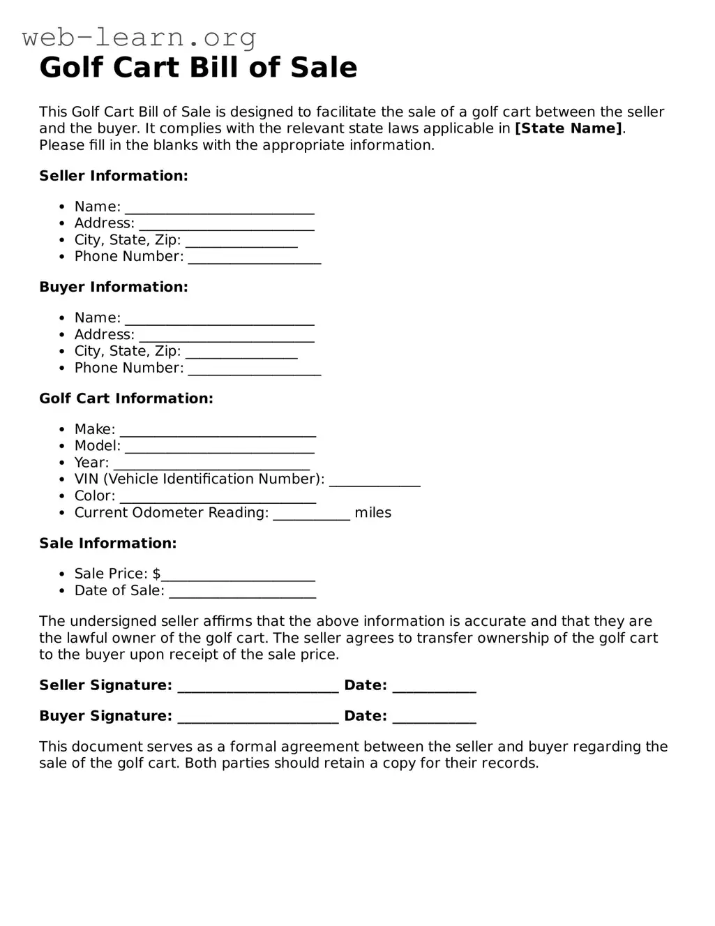 Attorney-Approved Golf Cart Bill of Sale Template