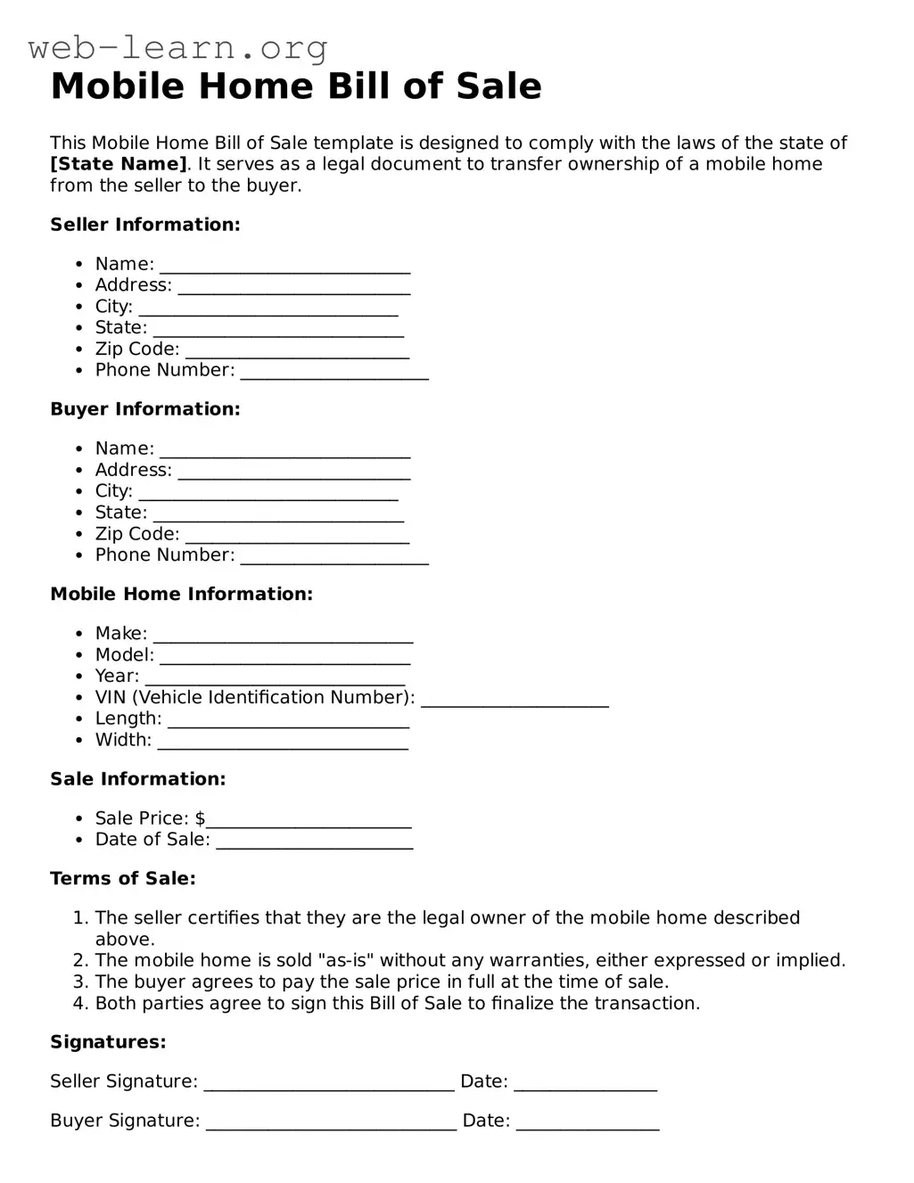 Attorney-Approved Mobile Home Bill of Sale Template