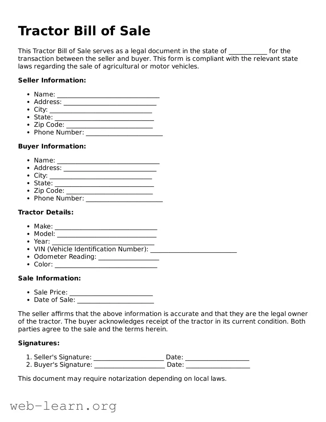 Attorney-Approved Tractor Bill of Sale Template