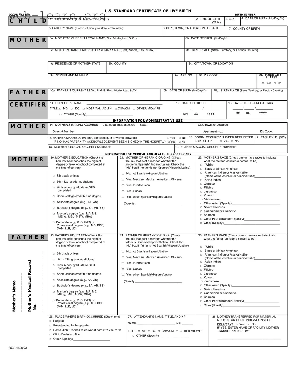 Blank CDC U.S. Standard Certificate of Live Birth Form