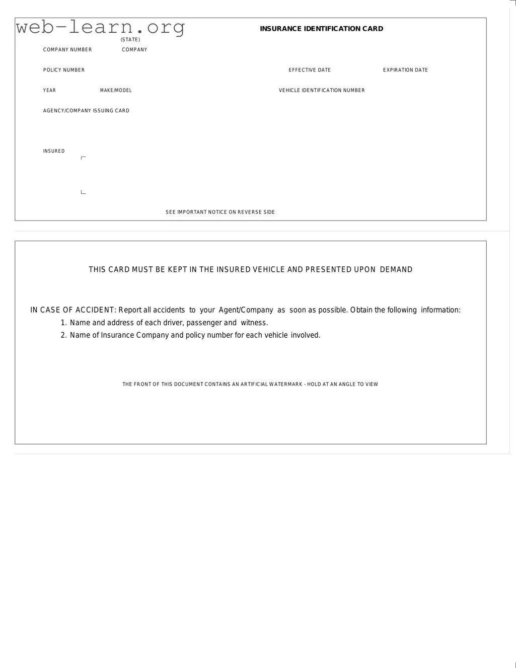 Blank Auto Insurance Card Form
