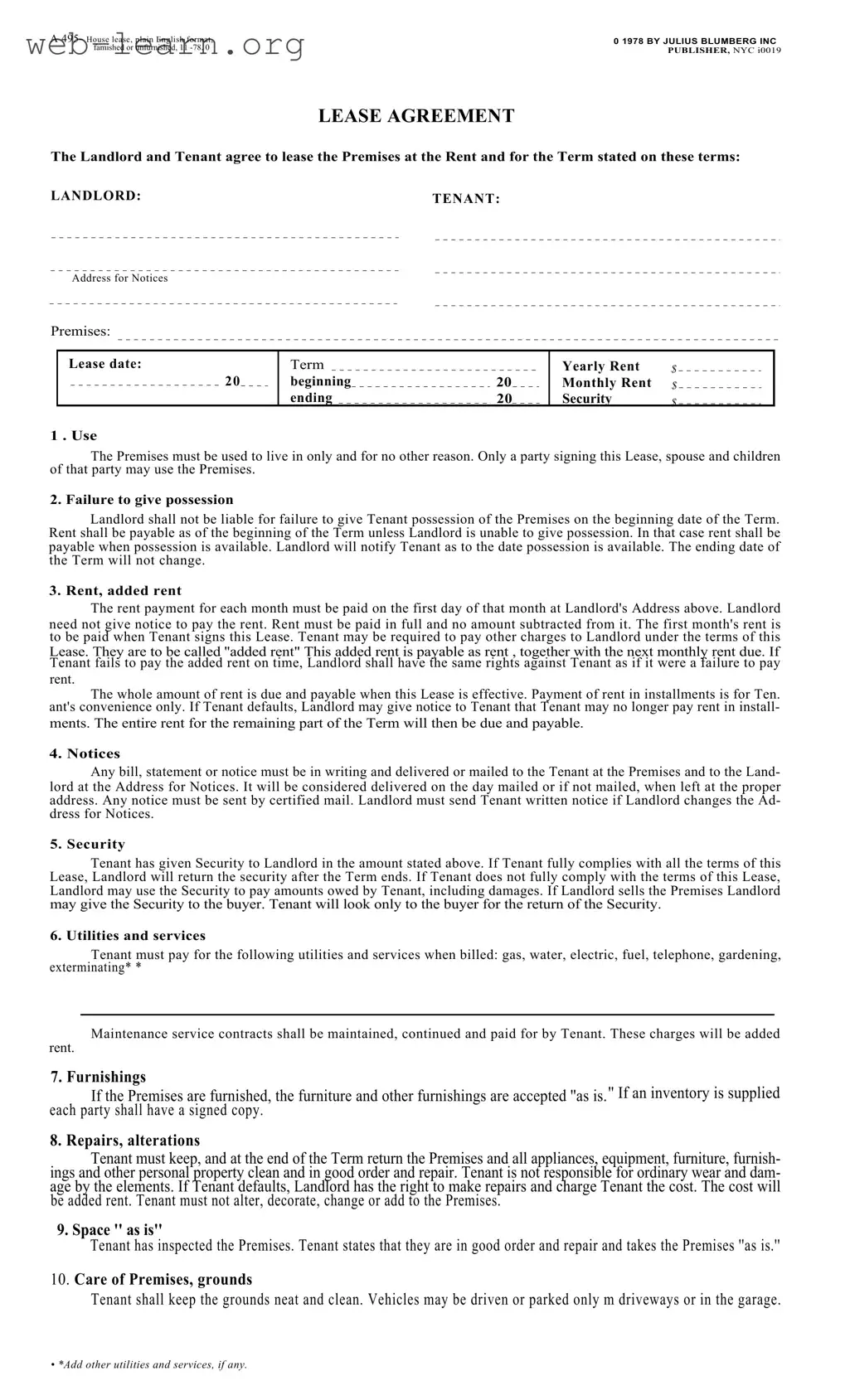 Blank Blumberg Lease Agreement Form