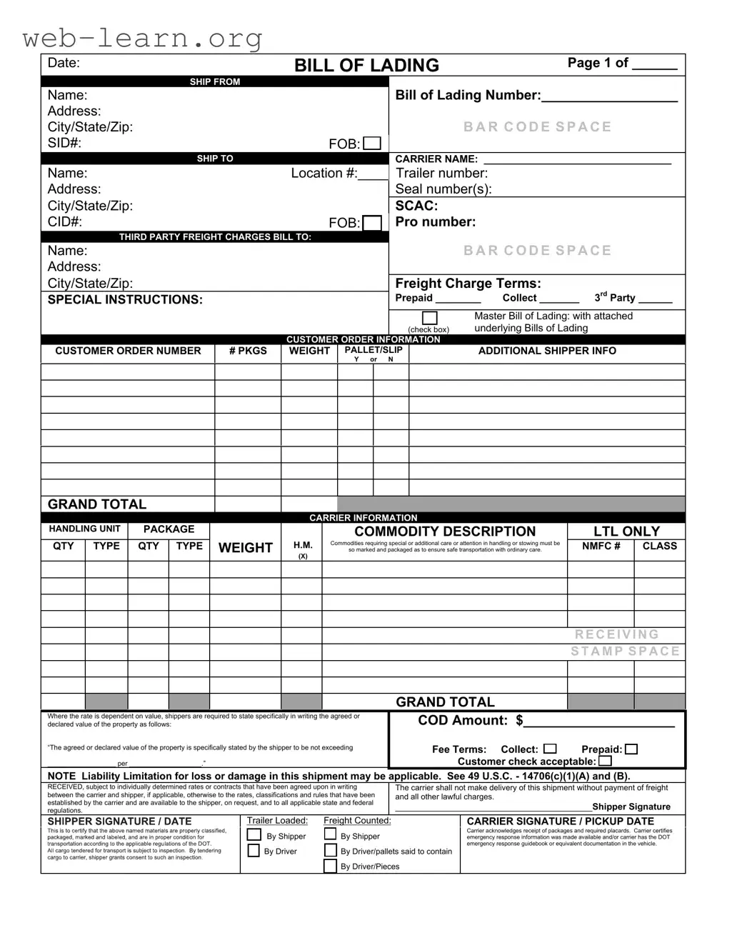 Blank Bill of Lading with a Supplement Form