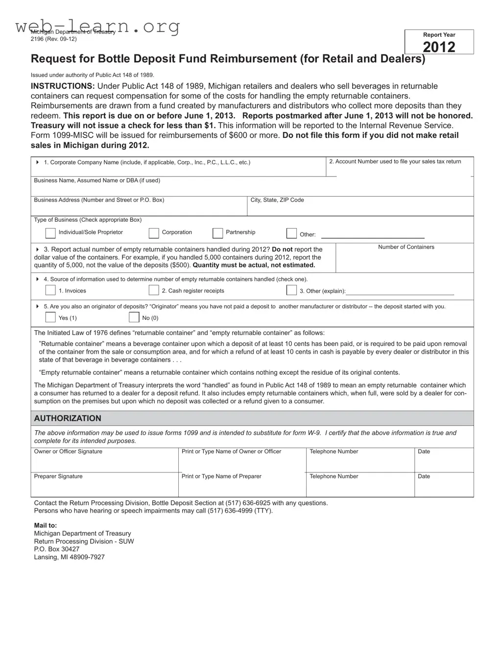 Blank Michigan 2196 Form