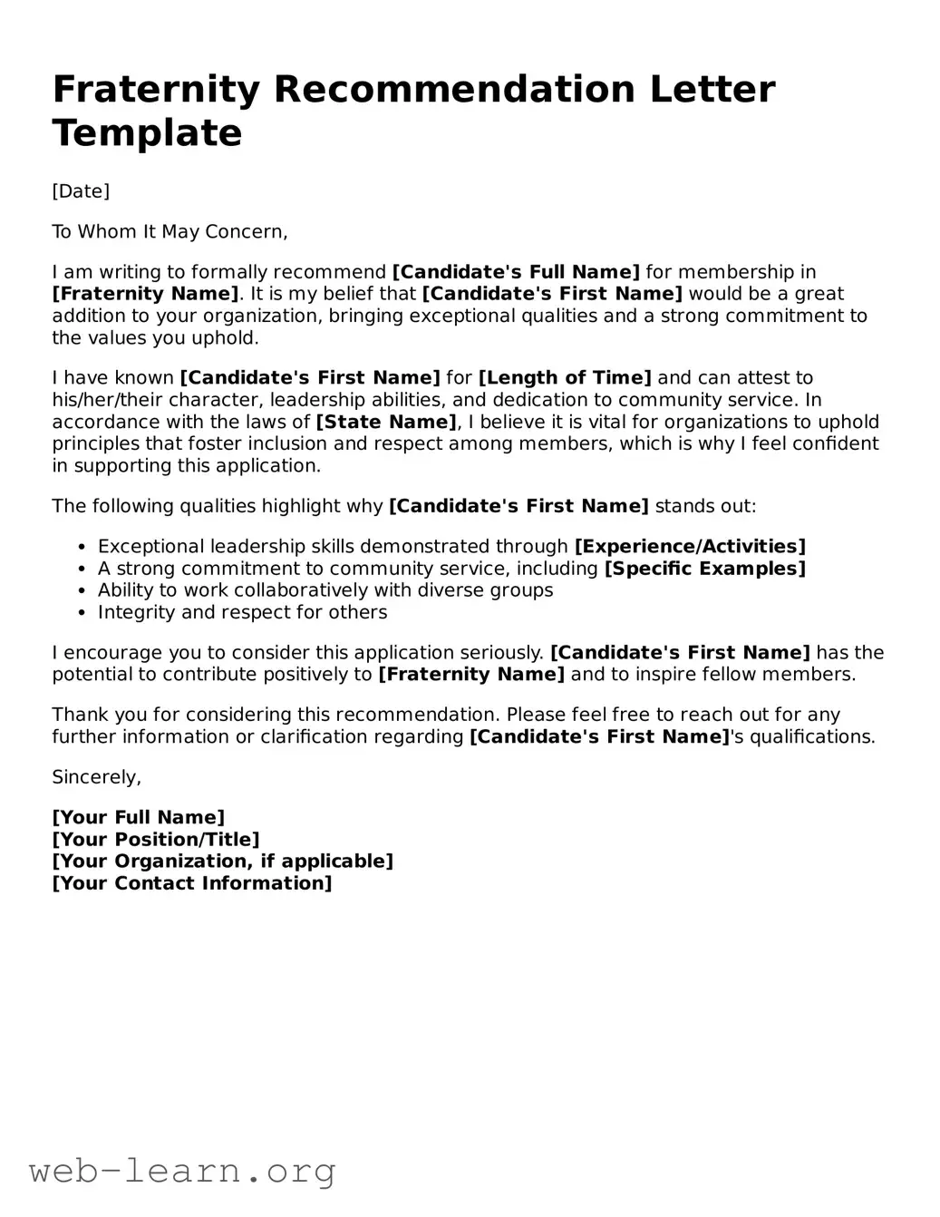 Attorney-Approved Fraternity Recommendation Letter Template