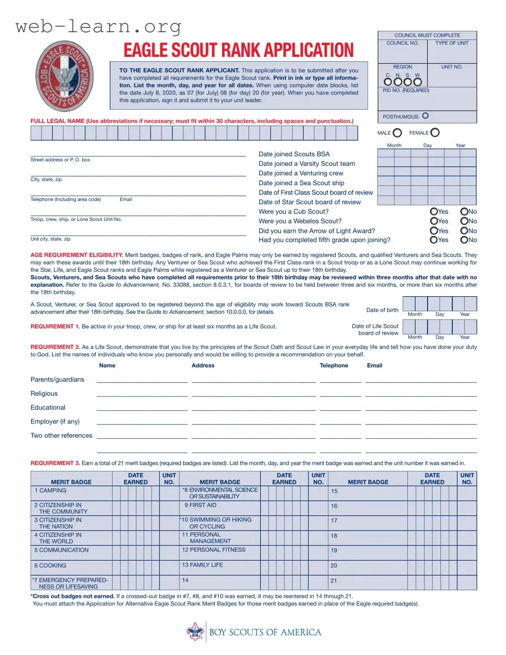 Blank Eagle scout rank application Form