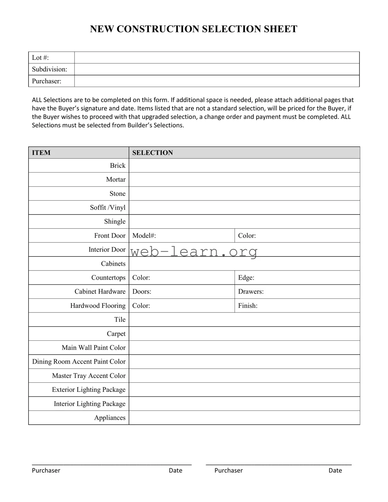 Blank New Construction Selection Sheet Form