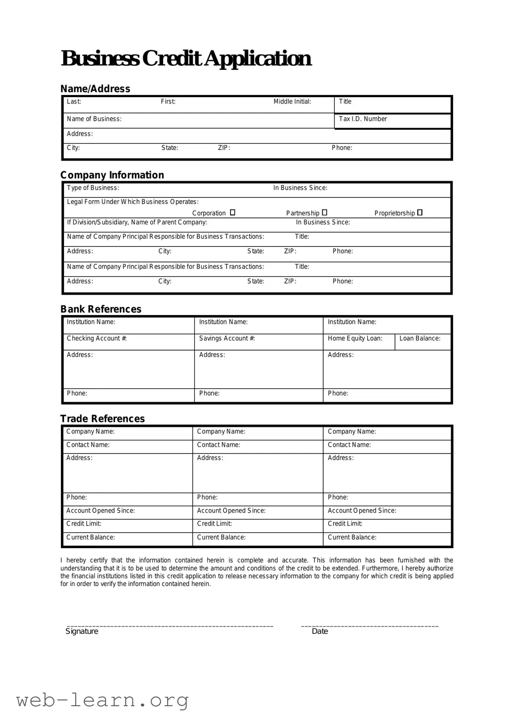 Blank Business Credit Application Form