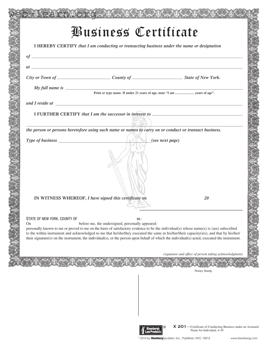 Blank Business Certificate Form