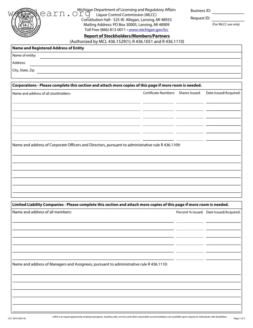 Blank Michigan Lcc 3010 Form