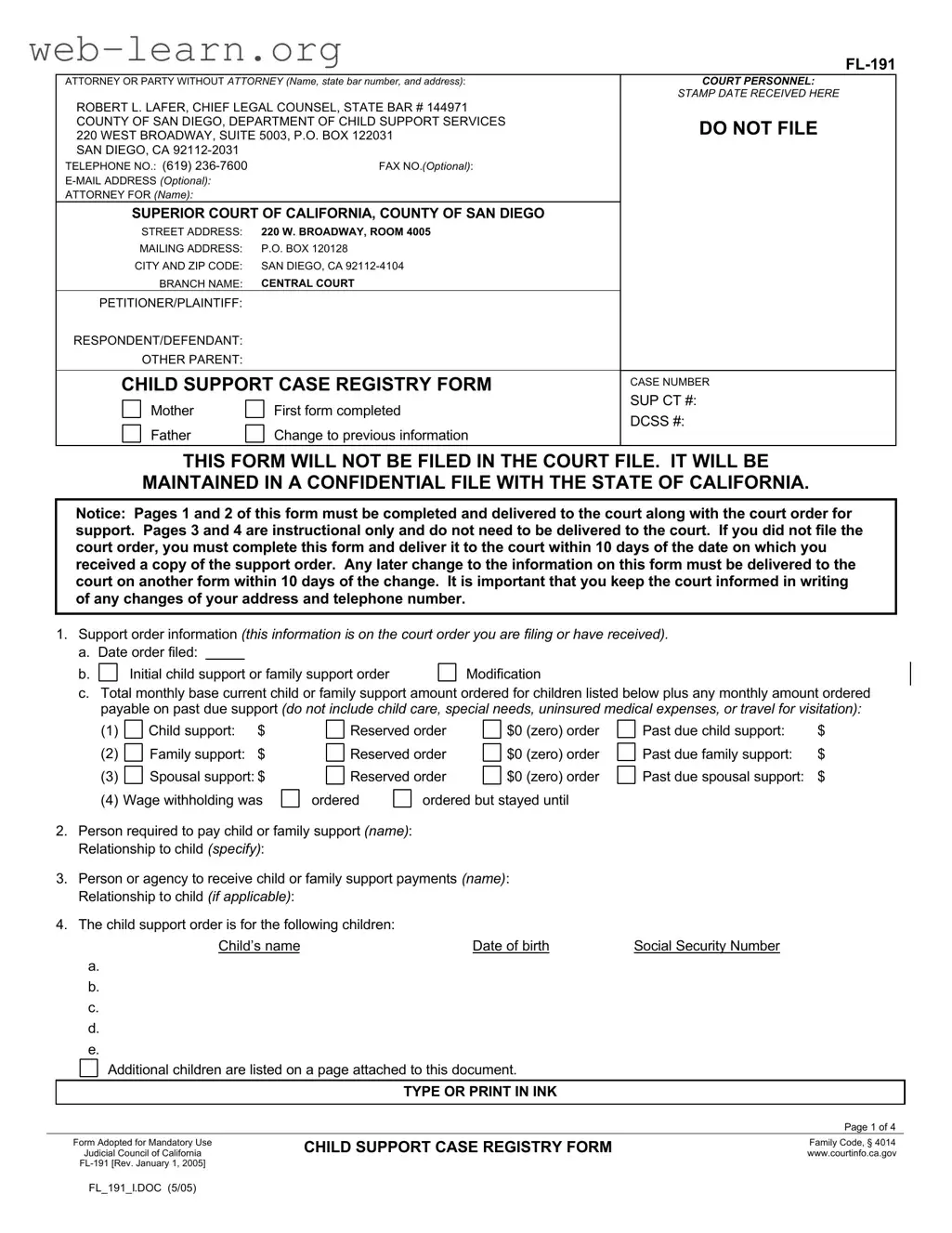 Blank California Fl 191 Form