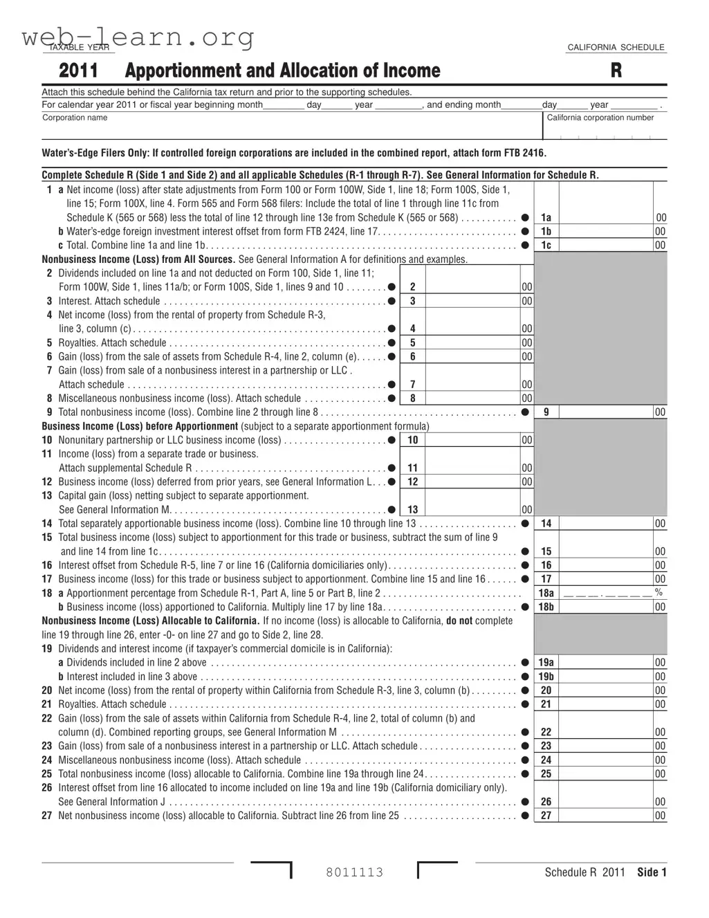 Blank California Schedule R Form